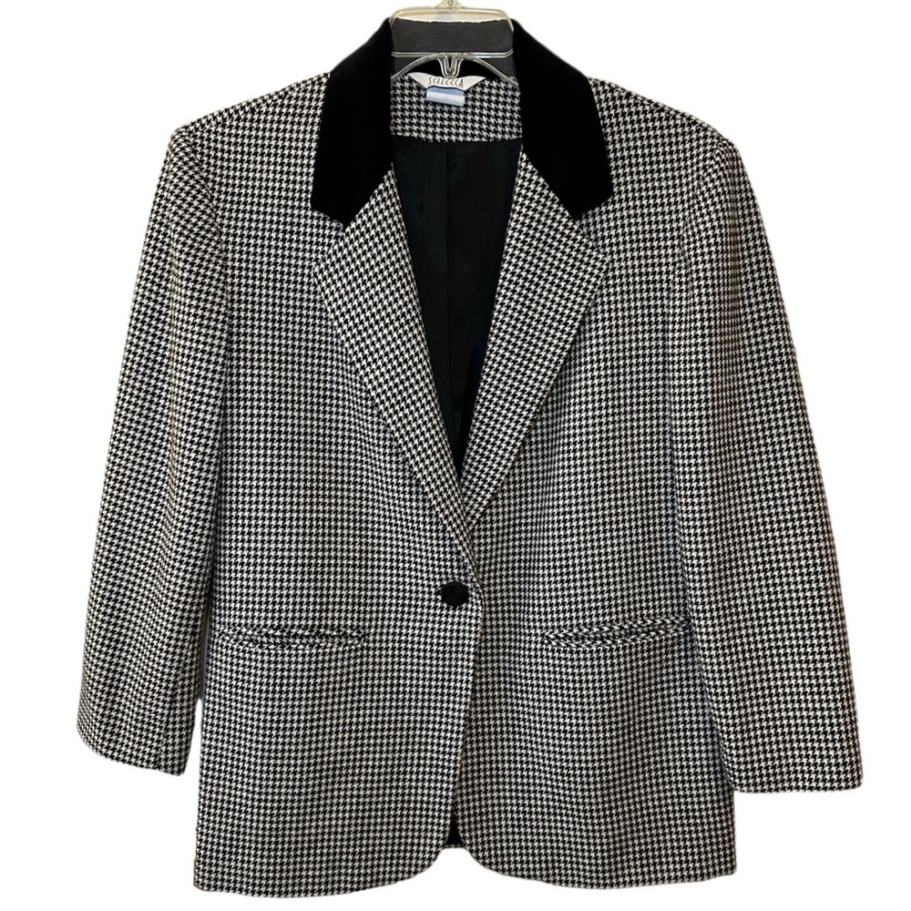 Vintage Houndstooth blazer 14 velvet collar black white single button Sellecca